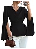 OYOANGLE Women's Satin Cowl Neck Split Long Sleeve Blouse Elegant Peplum Tops Dressy Casual Shirt Black Medium