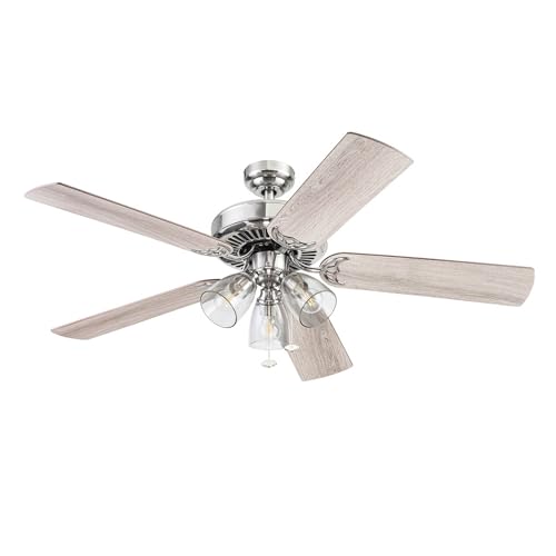 Image of Prominence Home Saybrook Modern Farmhouse 52 Inch Ceiling Fan with Light, LED Ceiling Fan, Tri-Mount Indoor Fan with 5 Blades, Gray Oak and Brown Walnut Blade Finish Options, Matte Nickel (51592-01)