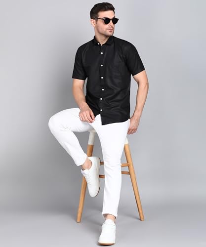 Image of MILDIN Men's Cotton Blend Solid Shirt with Spread Collared Half Sleeve Curved Hemline Button Closure Regular Fit and One Pocket | Half Sleeve Shirt for Men