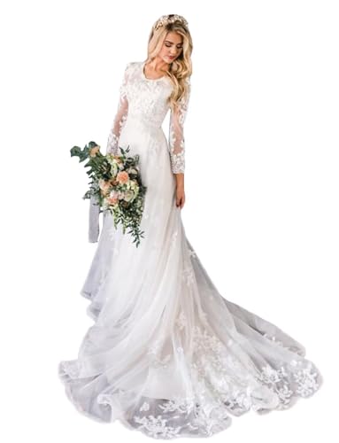 Women's Bohemian Wedding Dresses Scoop Neck A Line Lace Bridal Gown Bead Pearls with Long Sleeve White-US 10