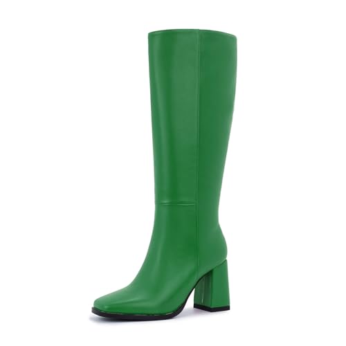 Image of Knee High Boots for Women - Wide Calf Boots with Zipper, Square Toe Tall Leather Boots, Chunky Heel Fashion Long Boots