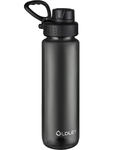 OLDLEY 1L/32oz Water Bottle BPA Free Tritan 1 Litre Clear Water Bottle with Screw Lid & Carry Loop Reusable Leakproof Drinking Bottle for Sports, Gym, School, Outdoor (Black)