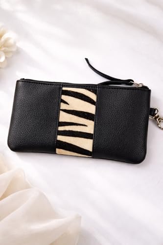 Image of Tee Ess Genuine Leather Multipurpose Pouch with Zebra Print Accent, Black, Handheld Wallet Organizer for Phone, Cards, Cash, Coins (Black Zebra)