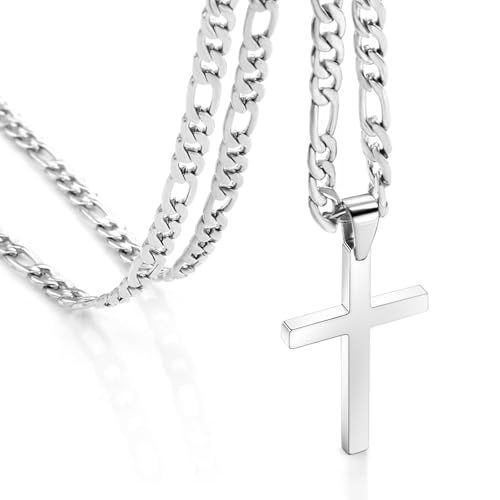 CaptainSteeL Cross Necklace for Men - Stainless Steel Silver/Gold Plain Cross Pendant Necklace Simple Jewelry Gifts, 20/22/24/26 Inches 3:1 Figaro Link Chain 4/5/6mm Width