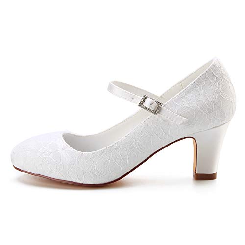 Emily Bridal Wedding Shoes Women's Lace Chunky Heel Closed Toe Pumps with Buckle2