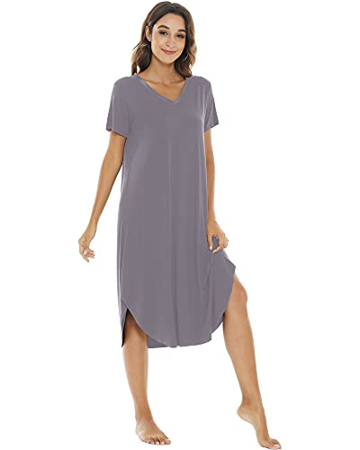 Nachila Womens Bamboo Nightgown V Neck Loungewear Short Sleeve Sleepwear Side Slit Soft Nightwear Dark Grey L #TOP1