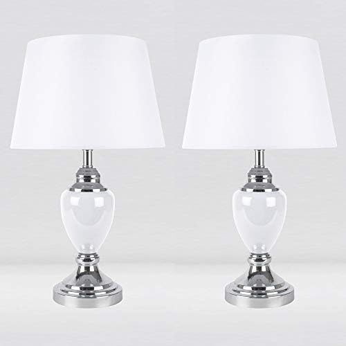 firstchoicelighting Set of 2 Contemporary Chrome & White Urn Style Table Lamp or Bedside Lights with White Shades