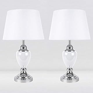 firstchoicelighting Set of 2 Contemporary Chrome & White Urn Style Table Lamp or Bedside Lights with White Shades