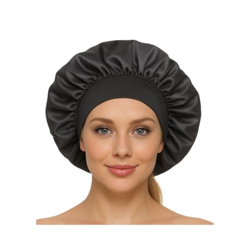 Gorro para Dormir de Satén - Protección para Pelo Rizado y Liso - Gorro de Seda para Evitar Frizz y Mantener Rizos Definidos Durante la Noche - 6 Colores Diferentes (Negro)