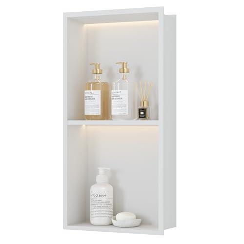 Neohomee Wandnische Dusche Edelstahl mit LED-Licht, Doppel-Duschnische Weiß Lagerung für Badezimmer, 60 x 30 cm