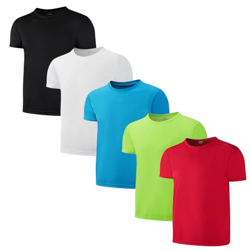 5-Pack Kids/Boys/Youth Mesh Athletic Quick Dry Shirts Youth Activewear Moisture Wicking Short Sleeve T-Shirts（Age 4-15Years）