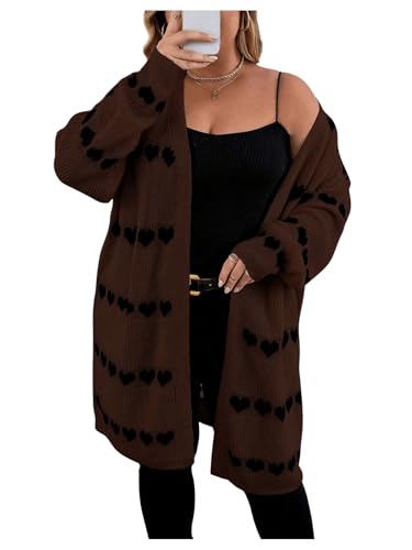 Image of MakeMeChic Women's Plus Size Long Cadigan Sweaters Casual Open Front Kint Lightweight Cadigan Heart Long Sleeve Outerwear