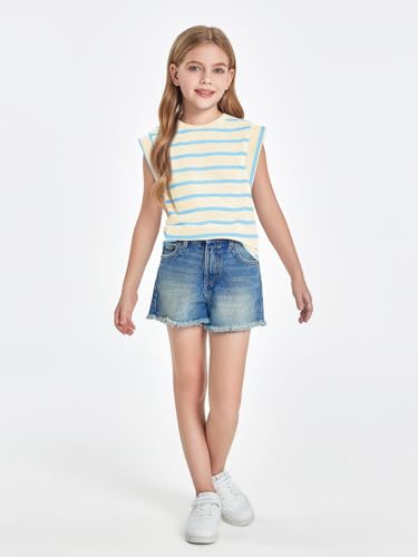 Image of Haloumoning Girls Cap Sleeve T Shirts Summer Striped Tank Tops Tees 4-14 Years