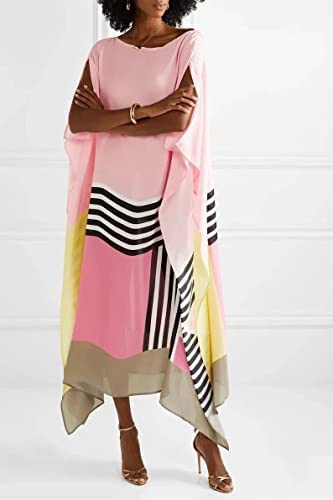 Image of Women's Satin Islamic Wear Printed Calf Length Kaftans, Designer Print Silk Caftan, Long Silk Dress, Party Kaftan Womens Pink, One Size