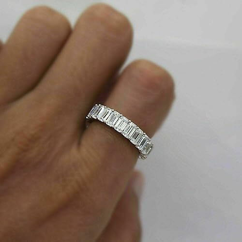 Purvika Jewels 4Ct Emerald Cut Lab Created Diamond Eternity Wedding Band Ring, 14K White Gold Plated 925 Sterling Silver