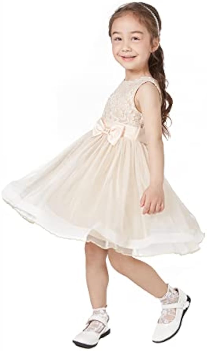 Peaches Petal Toddler Dress for Wedding Party, A-Line Design, Floral Embroidered Lace Bodice, 5-Layer Tulle Skirt, Fixed Satin Waist Belt with Rhinestone Decorated Bow, Sleeveless Dress 6T（Champagne）