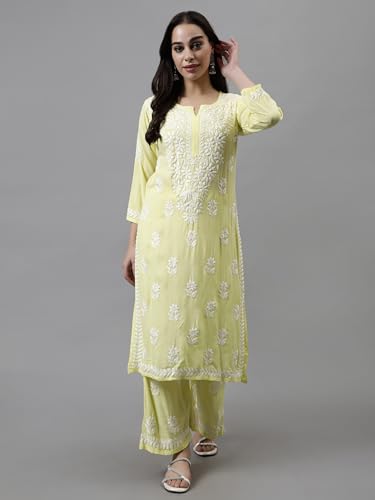 Image of Seva Chikan Hand Embroidered Lucknowi Chikankari Rayon Kurta and Palazzo Set SCL8037