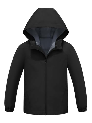 SaphiRose Kids Waterproof Rain Jacket – Lightweight Black Raincoat for Ages 10-12