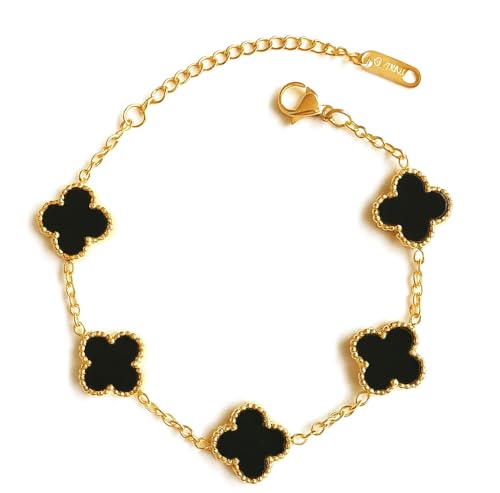 Image of STYOLLO Four-Leaf Clover Anti Tarnish Bracelet for Women & Girls Stylish | Elegant Gold-Plated Lucky Charm Jewelry | Aesthetic Enamel Design Adjustable Chain Bracelet for Daily, Gifting & Festive