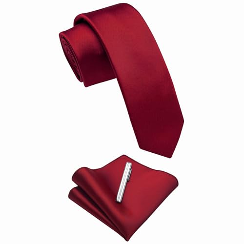 Image of YourTies Skinny Ties for Men Satin 2.4 inch Slim Necktie with Pocket Square Tie Clip Set Solid Color Wedding Party Business