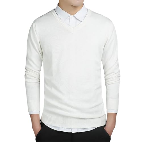 Dcvmvmn Men Autumn Casual Pullovers Sweater Men V-Neck Solid Cotton Knitted Slim Sweaters White
