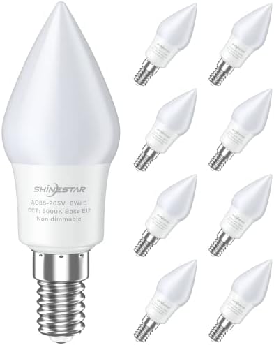 SHINESTAR 8-Pack Ceiling Fan Light Bulbs, 120v 60w Equivalent, E12 Led Candelabra Bulb, Small Base, Daylight 5000K, Non-dimmable