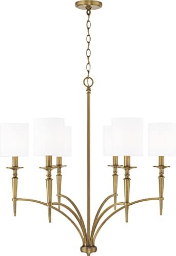 Capital Lighting 442661AD-701 Abbie Transitional White Fabric Stay-Straight Shades Chandelier, 6-Light 360 Total Watts, 32" H x 31" W, Aged Brass