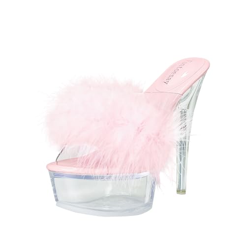 Fantoesay Women's Clear Stiletto Heels Sandals Platform Open Toe Slip On Mules Fluff Clear Heels Backless Open Toe Sandals Pink Size8.5
