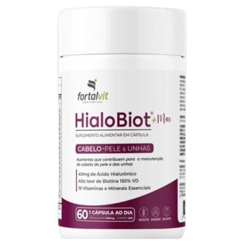 Biotina Dose Máxima + Ácido Hialurônico + 19 Vitaminas, Longa Duração: 2 Meses, HIALOBIOT - Cabelo, Pele e Unhas, 60 Cápsulas, Fortalvit