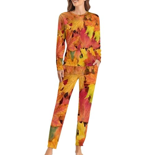 Pyjama femme feuilles d'érable ensemble haut manches longues et pantalon de nuit qualitatif