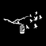 Cage à oiseaux en branches d'arbres naturelles Stickers muraux 30x52.1cm Culture du tatouage Blanc