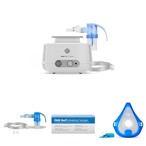 Bundle aus PARI BOY Classic Inhalationsgerät Erwachsene & Kinder ab 4 Jahren + PARI Kochsalzlösung zum Inhalieren + PARI BOY Classic Year Pack + PARI Erwachsenenmaske soft – Weiche Inhalationsmaske