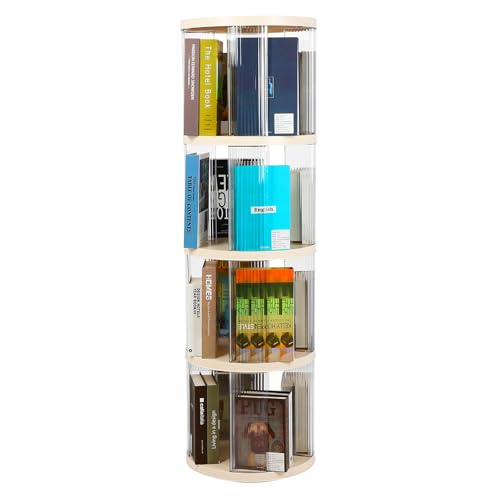 FAHKNS 4 Tier Rotating Bookshelf,360° Revolving Bookcase Tower,Clear Acrylic Round Book Shelf for Small Space,Suitable for Spinning Bookshelf Tower in Bedroom, Living Loom, Office