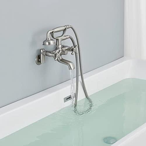 Grifería de Bañera Vintage Montada en Pared, Centro Ajustable, Níquel Cepillado | Diseño Vintage Teléfono, Montaje en Pared, Alto Flujo 8GPM, Latón Macizo, Válvula Anti Fugas, Centro Ajustable miniatura 3