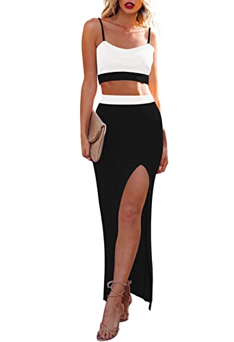 2 Piece Dress For Women Knit Crop Top Bodycon Party Skirt Outfits Set Colorblock Balck And White Xs #TOP9