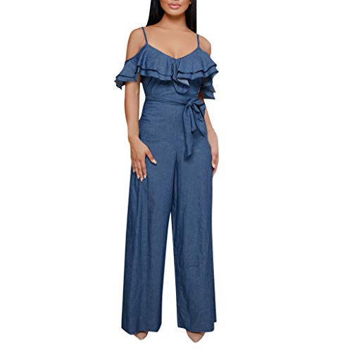 Fanteecy Denim Jumpsuits Women's Sexy Off Shoulder Sleeveless Ruffle Trim Wide Leg High Waist Long Jumpsuit with Belt