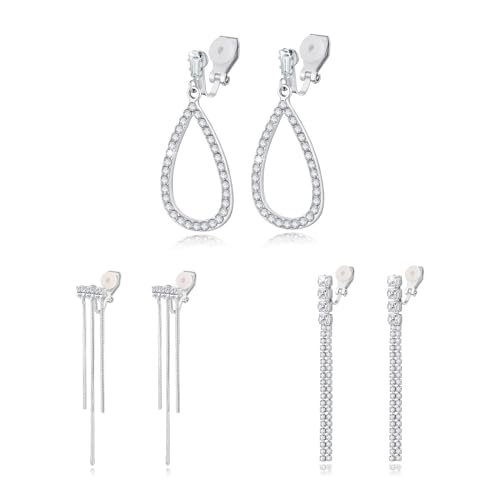 HZMAN 3Pair Clip on Earrings for Women Non Pierced Silver Long Tassel/Teardrop Crystal Cubic Zirconia Dangle Drop Earring Party Wedding Jewelry Gift