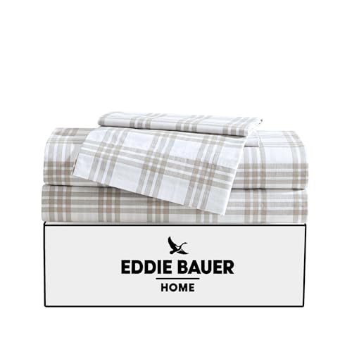 Image of Eddie Bauer - Queen Sheet Set with Fitted Sheet & Pillowcases, 100% Cotton Percale Bedding, Crisp & Cool, Deep Pocket, Basic Plaid Beige
