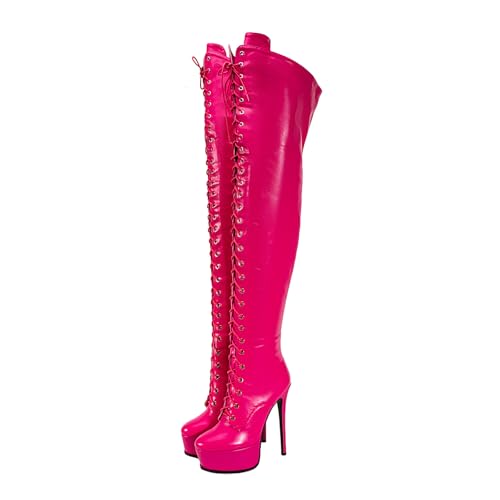 Image of Shiny leather Thigh high boots for Women Stiletto heel Platform Over the knee Round toe back zipper Sexy Front Strappy high heel Cosplay Custume unisex boots