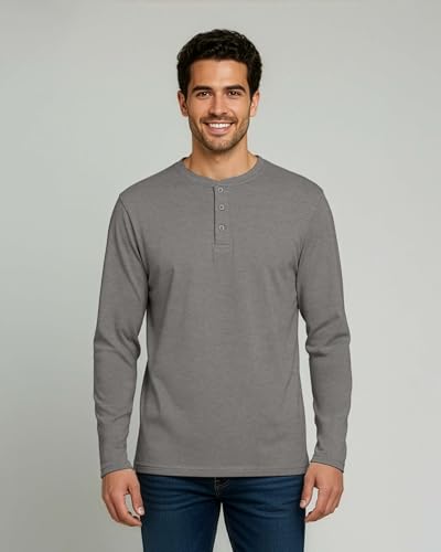 Image of Real Essentials 3 Pack: Mens Casual Long & Short Sleeve Cotton Henley Lightweight Button T-Shirt, Long Sleeve - Set