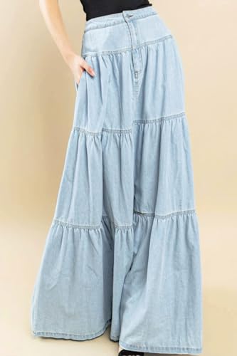 utcoco Womens Y2K Low Waist Tiered Denim Skirt Vintage Distressed A-Line Maxi Long Jean Skirt with Pockets2