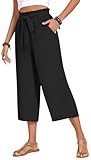 Aodemo Womens Plus Size Capri Pants Wide Leg High Waist Tie Knot Pants Casual Loose Palazzo Trousers with Pockets XL, Black