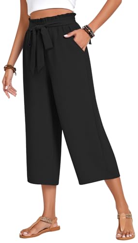Aodemo Women‘s Capri Pants Plus Size Wide Leg High Waist Tie Knot Pants Casual Palazzo Trousers with Pockets
