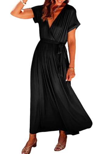 Ecosunny-Womens-Summer-Casual-Loose-Dress-Blackish-Green-Solid-Color-V-Neck-Wrap-Pleated-Short-Sleeve-Maxi-Dress-Black-M