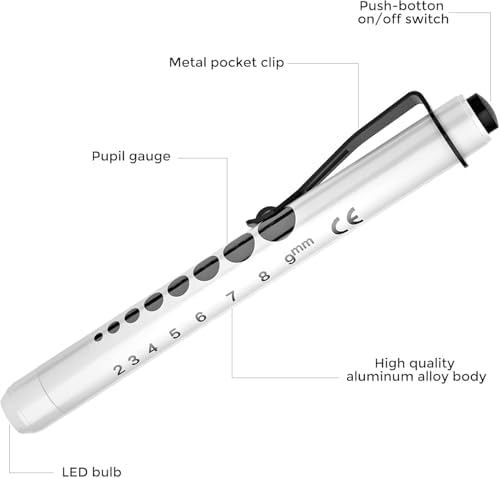 RISEMART Pen Lights for Nurses, 2 Pack Reusable Medical Light with Pupil Gauge and Ruler, White Light LED Penlight for Student Doctors EMT (Black/White)