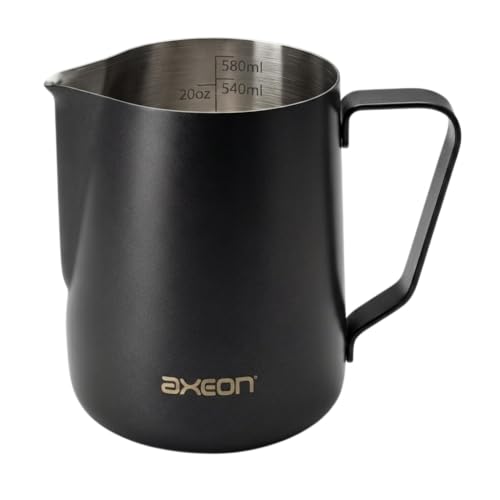 Image of Axeon Stainless Steel Milk Frothing Pitcher 600ml / 20oz | Espresso Milk Frother Jug with Internal Scale & Matte Coating | V-Spout for Latte Art | Barista Steam Jug for Cappuccino & Coffee, Black