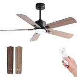 KENSID 48 Inch Black Ceiling Fans with Lights,Remote Control,5 Piece Double Side Blades,3 Color LED Light,6 Speeds,Quiet DC Motor,Indoor or Outdoor,forBedroom,Farmhouse,Office