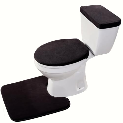 Madeals Velvet Toilet Lid Cover and Tank Lid Cover with Memory Foam Toilet Mat 3 Piece Toilet Contour Mat Set Black - Thumbnail 2