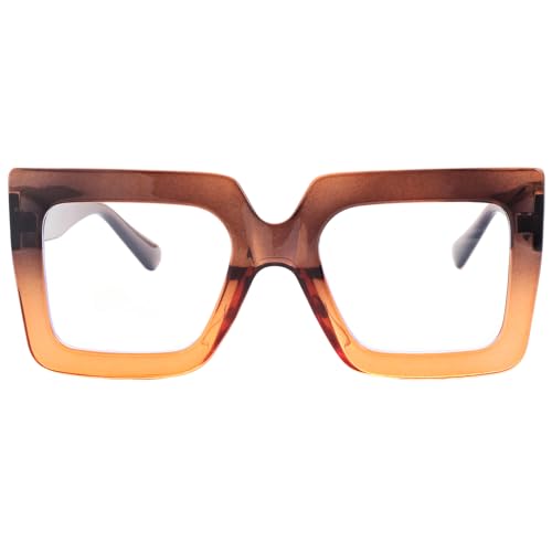 Onrtry Oversized Square Blue Light Glasses for Women Men Thick Frame Big Computer Eyewear Non-Prescription Eyeglasses(Brown/Orange)