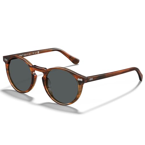 Carfia Gafas de sol para hombre, polarizadas, retro, redondas, marco de acetato, protección UV 400, gafas de moda para conducción y pesca, H15-marrón gris; lentes grises, medium
